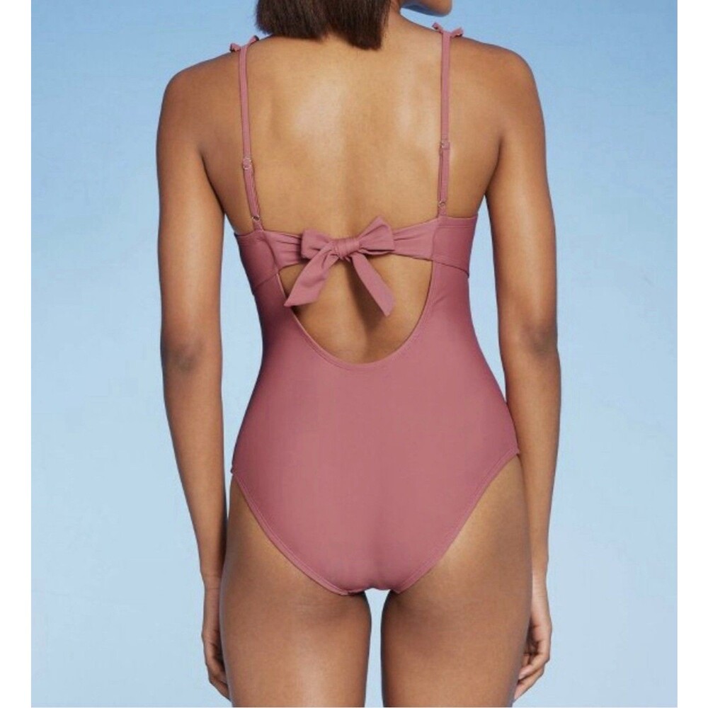Kona Sol Pink Mauve Bathing Swim Suit Size XL- One Piece Ruffle Square Neck - Picture 2 of 8